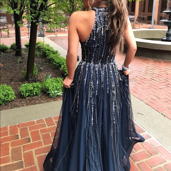 ASHLEY LAUREN Navy/Gold/Silver Prom Dress - Picture 4 of 7